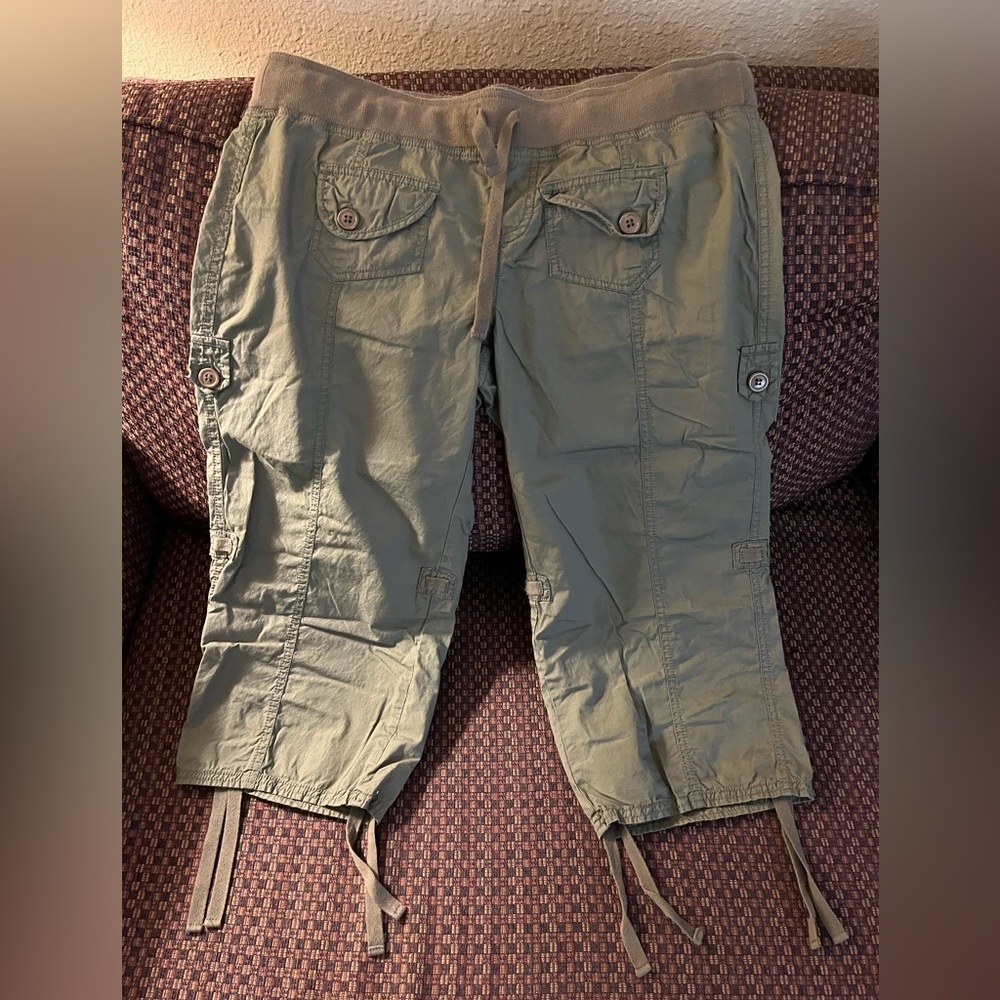 Khaki colored drawstring waist capris